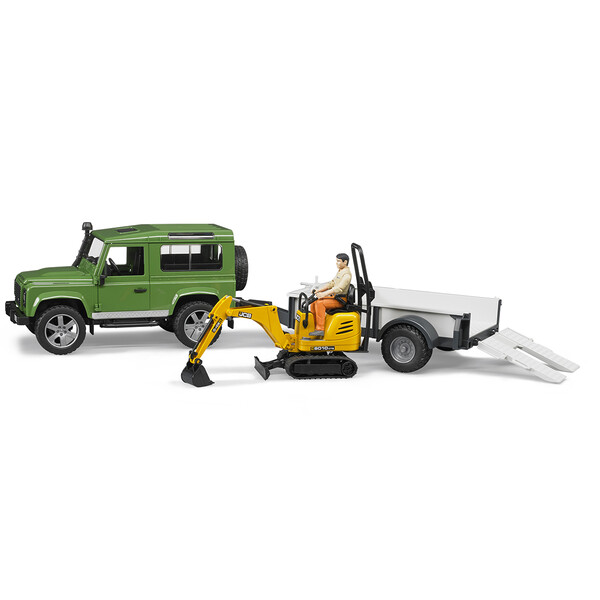 Внедорожник Land Rover Defender с прицепом - платформой. гусеничным экскаватором Bruder вид 1